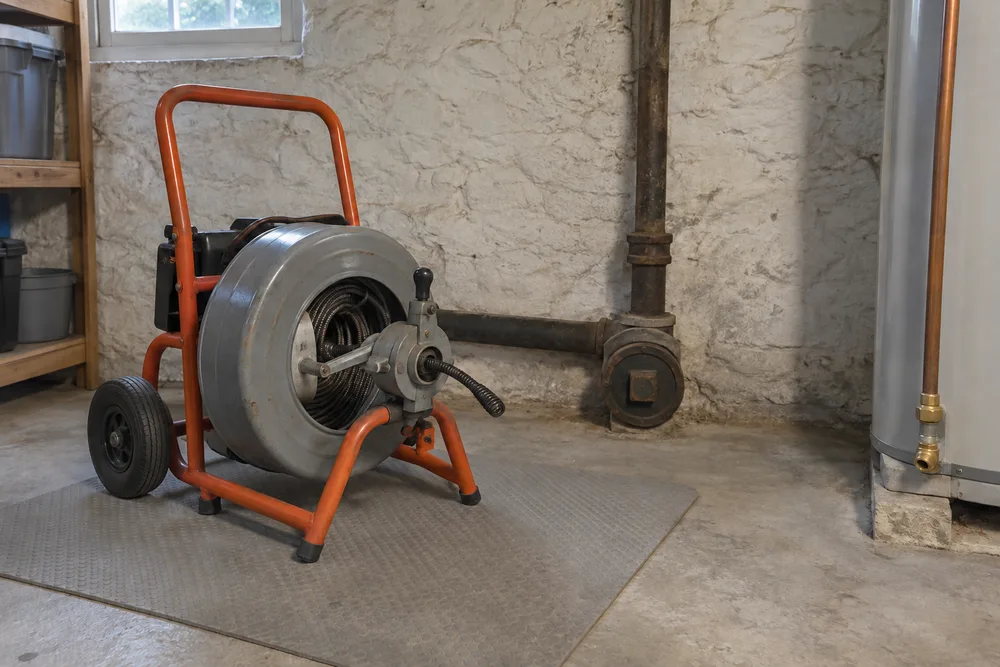 Professional sewer rodding equipment resting on a utility-room floor